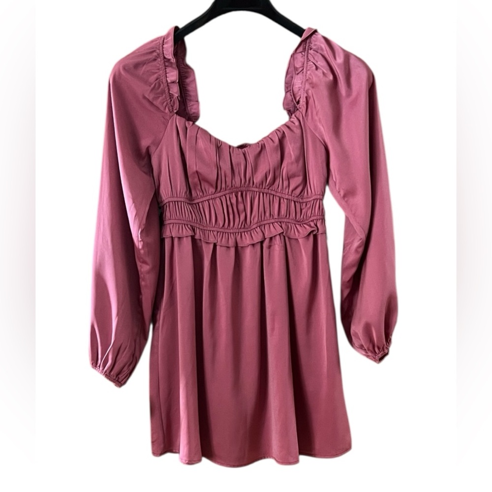 Altar'd State Mauve Ruffled Smocked Waist Long Sleeve Off Shoulder Dress peasant